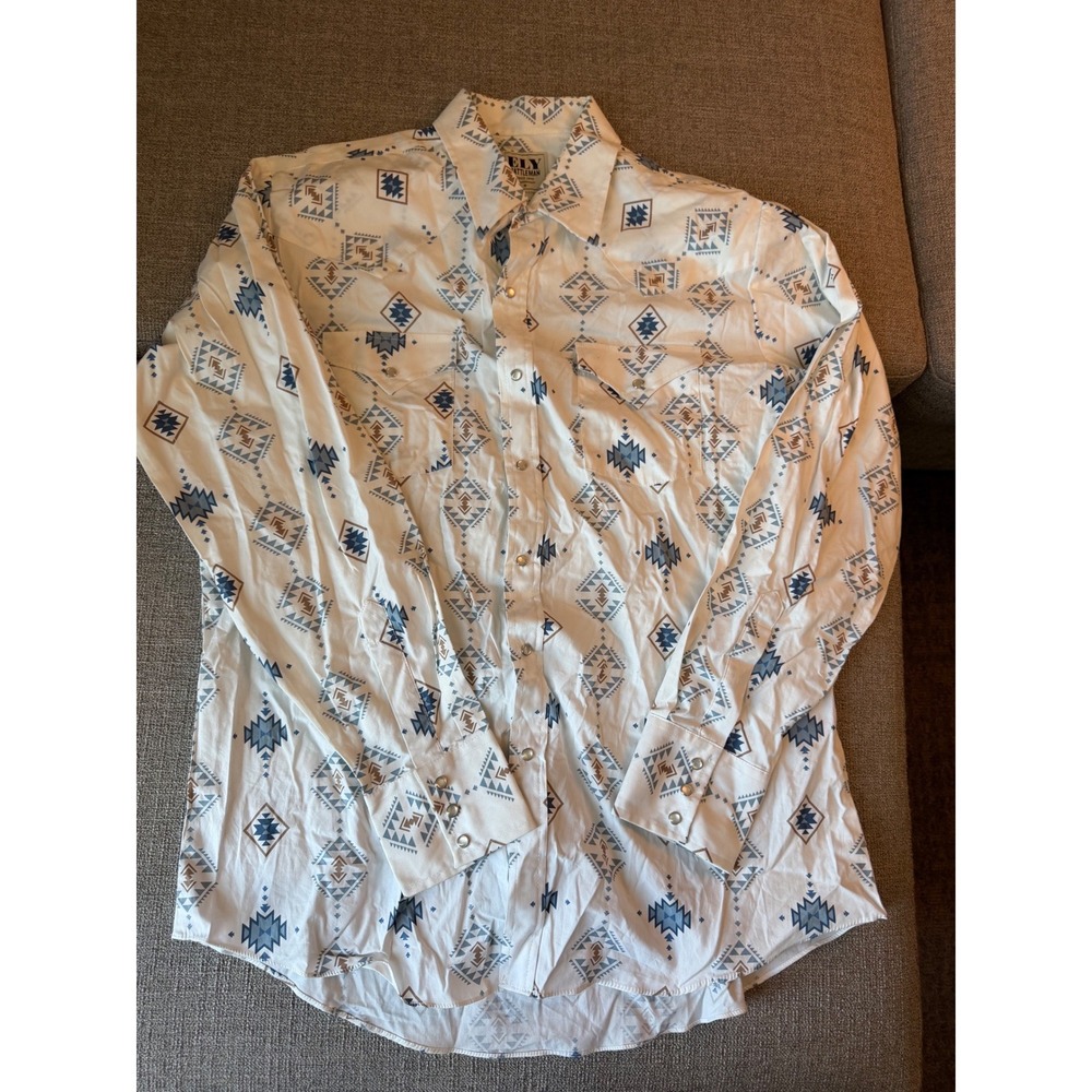 Ely Cattleman Mens Large Western Pearl Snap Shirt Blue Tan Geometric Southwest
